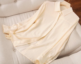 Blusa de crepé de china de seda, blusa 100% seda de morera, tapeta con botones ocultos, blusa clásica de seda de 16 MM, 2024 colores, 32 opciones de colores