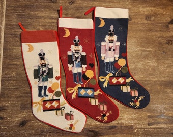 Needle point Christmas stocking, hand embroidered nutcracker Christmas decoration, 18cm x 57cm, vintage not used in perfect condition.