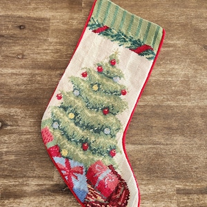 Wool needle point Christmas stocking,  Christmas tree stocking, 7.25” x 19.75” / 18.5 cm x 50 cm, hand embroidered Christmas stocking