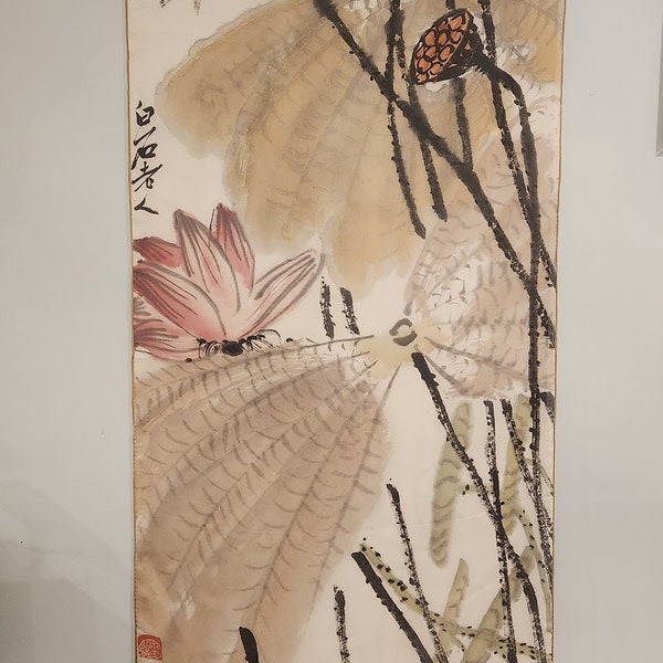 Scialle/sciarpa in chiffon di seta 100% con orlo arrotolato a mano, Martin pescatore di Qi Baishi allo stagno di loto, pittura cinese, 64 x 192 cm / 25,20 x 75,60 pollici