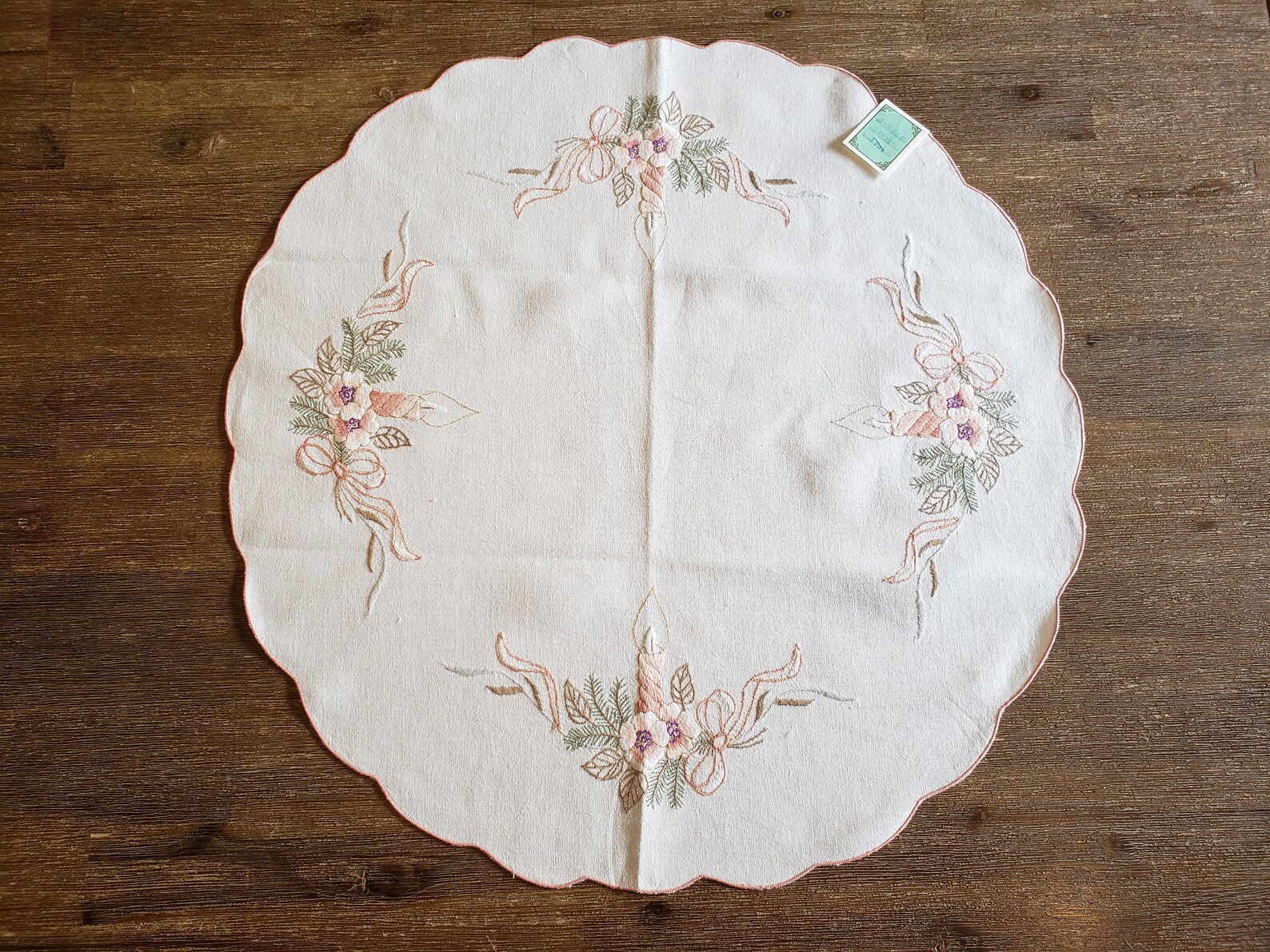 Machine embroidered round table topper 100 linen beige Etsy