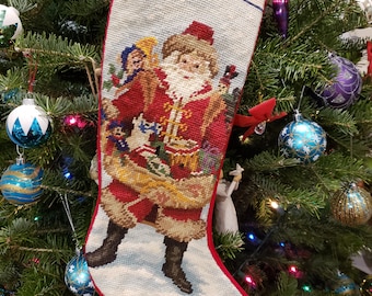 Wool needle point Christmas stocking, Santa Claus Christmas stocking, 53.50cmx17.50cm / 21″x7″, vintage not used, in excellent condition