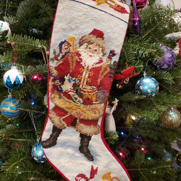 Wool needle point Christmas stocking, Santa Claus Christmas stocking, 53.50cmx17.50cm / 21″x7″, vintage not used, in excellent condition