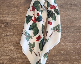 21” / 53 cm 100% mulberry silk scarf, mistletoe and holly silk scarf, Christmas-themed scarf, holiday scarf, small 14 momme silk satin scarf