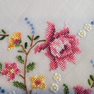 Hand rolled hem fine thread hand embroidered cross stitch handkerchief, 32 cm / 12.50 inches, 100% fine cotton, vintage from 1970s, not used