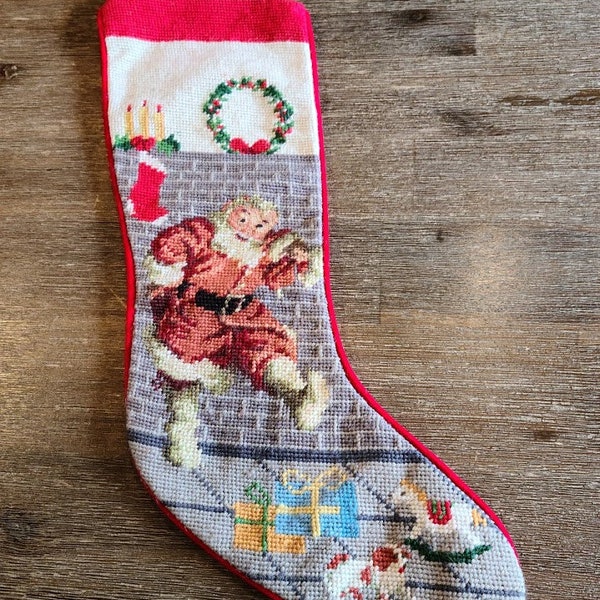 Needle point Christmas stocking, hand embroidered, Santa Claus Christmas decoration,  18cm x 55cm, vintage not used, in perfect condition