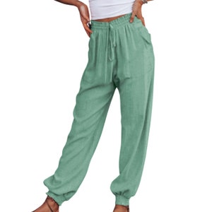 Women Linen Pants, Elastic Waist Drawstring Long Pant, Solid Drawstring Elastic Waist Pull-on Casual Pants with Pockets