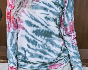 Blusa feminina leve de manga comprida com estampa tie-dye, estilo pulôver.