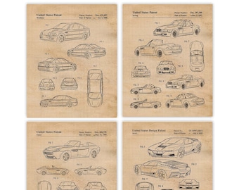 Classic Auto Collection Patent Prints, 4 Unframed Photos, Wall Art Decor Gift for Home Work Shop Office Garage Student Teacher F1 BMW Racing