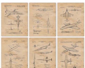 Classic Fighter Pursuit Military Airplane Patent Prints, 6 Unframed Photos, Wall Art Gift for Home Workshop Office Aviation Student Teacher