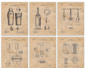 Vintage whiskybar gereedschap patentafdrukken, 6 niet-ingelijste foto&#39;s, kunst aan de muur decor cadeaus voor thuiskantoor studio garage winkel student leraar