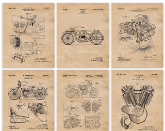 Vintage Motorcycle Patent Prints, 6 Unframed Photos, Wall Art Decor Gifts for Home Office Garage Shop Student Teacher Harley Bike Engineer