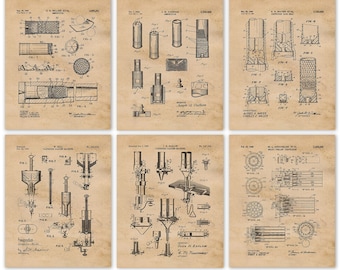 Vintage Cartridge Bullet Ammo Shell Pellet Tools Patent Prints, 6 Unframed Photos, Wall Art Decor for Home Work Office Firearms Instructor