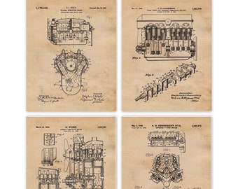 Puede incluir: Un conjunto vintage de cuatro dibujos de patentes en blanco y negro para motores de combustión interna. Los dibujos muestran diferentes diseños de motores e incluyen los nombres de los inventores y los números de patente.