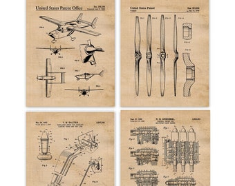 Classic Cessna Airplane Patent Prints, 4 Unframed Photos, Wall Art Decor for Home Work Office Garage Aviation School Pilot Student Teacher