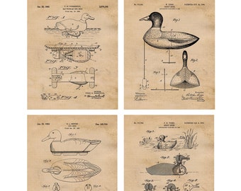 Vintage Duck Hunting Decoy Patent Prints, 4 Unframed Photos, Wall Art Decor Gifts for Home Office Game Ammo Garage Hunt Shop Wild Outdoors