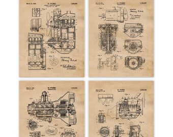 Vintage Henry Ford Car Engine Part Patent Prints, 4 Unframed Photos, Wall Art Decor Gift for Home Office Gear Garage Workshop School Student