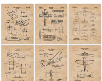 May include: A set of six vintage airplane patent drawings. Each drawing features a different airplane design with detailed line drawings and text. The drawings are printed on a beige background with a grid pattern.
