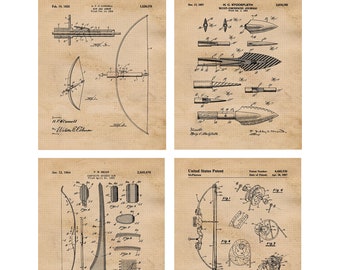 Vintage Bow Arrow Patent Prints, 4 Unframed Photos, Wall Art Decor Gifts for Home Office Man Cave Hunting Cabin Farm Ranch Student Cowboys