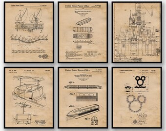 Vintage Disney Rides #4 Patent Poster Prints, 6 Unframed Photos, Wall Art Decor Gifts for Home Office Man Cave Student Teacher Comic-Con Fan