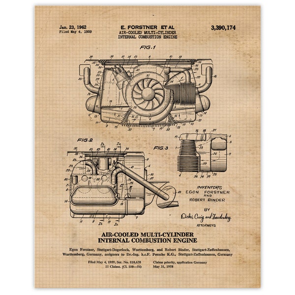 Vintage 911 Air Cooled Engine Patent Prints, 1 Unframed Photos, Wall Art Decor Gifts for Home Office Car Porsche Garage Shop Man Cave F1 Fan