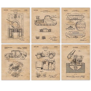 Classic Military Vehicles Patent Prints, 6 Unframed Photos, Wall Art Decor Gift for Home Work Patriot Office School Student Teacher Officer