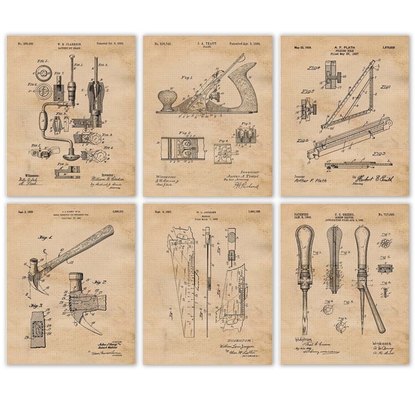 Vintage Woodworking Tools Patent Prints, 6 Unframed Photos, Wall Art Decor for Home Work Office Construction Shop Builder Carpenter Student