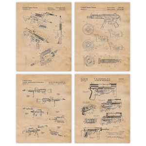 Klassisches Gewehr Schusswaffe Drucke, 4 ungerahmt Fotos, Wand Kunst Dekor Geschenk für Home Office Patrone Garage Werkstatt Militärakademie Sheriff