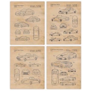 May include: A set of four vintage patent drawings for car designs. Each drawing shows a different car model in various views, including side, front, and top. The drawings are in black and white and have a textured background.
