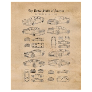 Puede incluir: Un dibujo en blanco y negro de una Dodge Challenger y una Dodge Viper. El dibujo está sobre un fondo de papel cuadriculado de estilo vintage. El texto "The United States of America" y "PATENTS 2013 - 2018" está en la parte superior del dibujo.