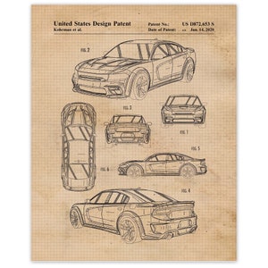 May include: A black and white line drawing of a car design patent. The patent number is US D872,653 S and the date of the patent is Jan. 14, 2020. The drawing shows the car from different angles, including the front, side, and rear.
