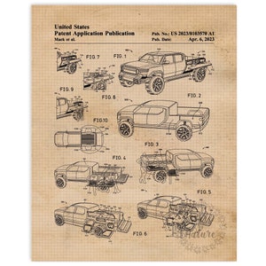 May include: A black and white line drawing of a patent for a truck bed with a variety of configurations. The patent drawing shows the truck bed in different positions, including with a tailgate down, a tailgate up, and a bed extender. The patent drawing also shows the truck bed with a variety of accessories, including a ladder, a toolbox, and a cargo net. The patent drawing is on a gridded background with the text "United States Patent Application Publication" and "Mack et al." at the top. The patent number is "US 2023/0103570 A1" and the publication date is "Apr. 6, 2023".
