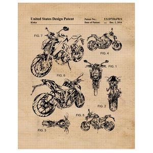 May include: A black and white line drawing of a motorcycle design patent. The patent number is US D718,670 S and the date of the patent is December 2, 2014. The drawing shows the motorcycle from different angles.