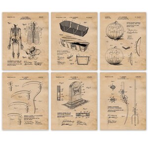 May include: A set of six vintage Halloween-themed patent prints. The prints feature illustrations of a skeleton, a coffin, a jack-o'-lantern, a scythe, a tombstone, and a pitchfork. Each print includes the patent number, date, and inventor's name.