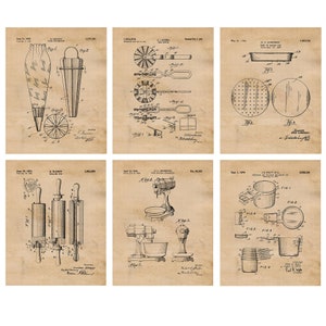 Classic Baking Patent Prints, 6 Unframed Photos, Wall Art Decor Gifts for Home Office Kitchen Diner Bakery Cook Pastry Student Teacher Chef