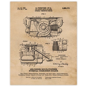 May include: A black and white technical drawing of an air-cooled multi-cylinder internal combustion engine. The drawing shows the engine in detail, with labels for each part. The patent number 3,390,174 is visible at the top of the drawing. The text "E. FORSTNER ET AL" is also visible at the top of the drawing.