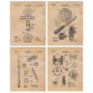 Vintage Fishing Rod Reel Patent Prints, 4 Unframed Photos, Wall Art Decor Gifts for Home Office Man Cave Garage Bait Shop River Creek Lake