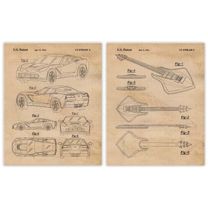 Corvette Stingray Electric Guitar Patent Prints, 2 Unframed Photos, Wall Art Decor Gifts for Home Office Man Cave Garage Rock Roll Band Fans