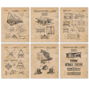 Vintage huisconstructie patentafdrukken, 6 ingelijste foto's, kunst aan de muur decor voor thuisarchitectuur kantoorwoning student leraar architect