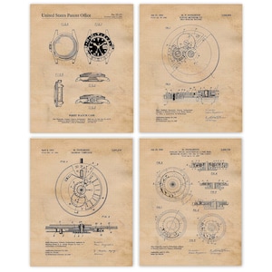 Vintage Watch Mechanical Movement Timepiece Patent Prints, 4 Unframed Photos, Wall Art Decor for Home Rolex Office Studio Student Teacher
