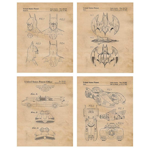 Classic Dark Knight Superhero Car Patent Prints, 4 Unframed Photos, Wall Art Decor for Home Work Office Game Bat Cave Studio School Student