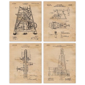 May include: Four vintage patent drawings for oil well drilling equipment. The drawings are in black and white and feature detailed illustrations of the equipment. The drawings are on a beige background with a grid pattern.