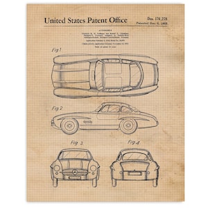 Vintage SL Gullwing Auto Patent Prints, 1 Unframed Photos, Wall Art Decor Gift for Home Office Mercedes Benz Garage Workshop Student Teacher