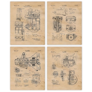 Puede incluir: Cuatro dibujos de patentes vintage para un sistema de transmisión, cada uno con ilustraciones y texto detallados. Los dibujos están sobre un fondo beige con un patrón de cuadrícula. El texto incluye el nombre del inventor, Henry Ford, y los números de patente.