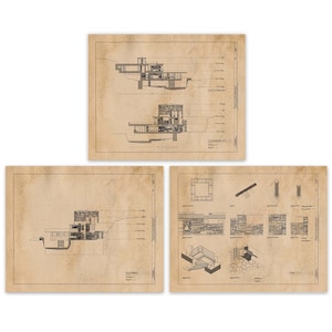 Vintage huis plattegrondafdrukken, 9 ingelijste foto's, kunst aan de muur decor voor thuiskantoor architect studenten Frank Lloyd Wright Fallingwater Studio