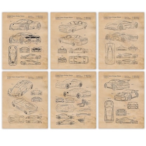 Puede incluir: Un conjunto de seis impresiones de estilo vintage que presentan dibujos de línea de diferentes modelos de automóviles. Cada impresión incluye el texto "United States Design Patent" y un número de patente. Las impresiones están sobre un fondo beige con un patrón de cuadrícula.