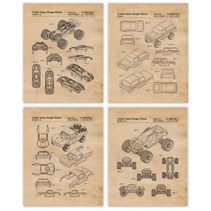 May include: Four black and white line drawings of different car designs. Each drawing shows multiple views of the car, including the side, front, and top. The drawings are labeled with the patent number and date.