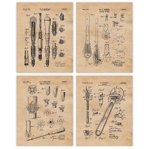 May include: Four vintage patent drawings for tools. The top left drawing shows a drill bit with a handle. The top right drawing shows a wrench with a ratchet mechanism. The bottom left drawing shows a screwdriver with a variety of bits. The bottom right drawing shows a wrench with a adjustable jaw.
