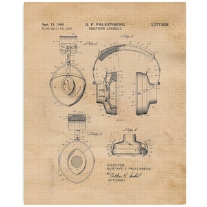 Vintage Style Headphones Audio Patent Prints, 1 Unframed Photos, Wall Art Decor for Home Office Gears Garage Shop Studio Engineer Student