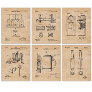 Vintage Beer Brewing Patent Prints, 6 Unframed Photos, Wall Art Bar Decor Gifts for Home Office Work Garage Student Teacher Brew Masters Fan